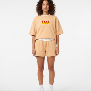 Ensemble short 2 pièces pour femme, couleur pêche, col rond, manches courtes, coupe ample, imprimé lettres, tenue décontractée printemps-été - Product Image 1