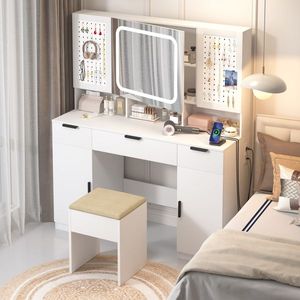 Grande Tavolo da Trucco LED con Specchio Illuminato, 2 Pannelli Forati Fai-da-te, 5 Ganci, Stazione di Ricarica e Area Trucco - Product Image 2