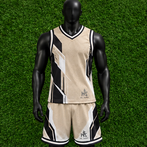 Ensemble d'uniformes de basketball unisexe tendance, beige et noir, sublimé, col en V, sans manches, anti-humidité, coupe athlétique, logo personnalisé - Product Image 3