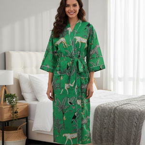 Bata Kimono de Algodón con Estampado de Selva Verde para Mujer, Larga, de Manga Larga, Ropa de Dormir Cómoda, Bata de Estar por Casa - Product Image 2