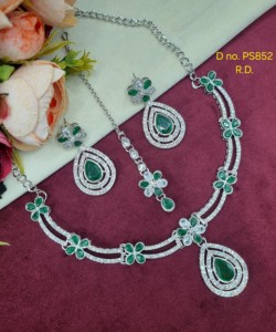 Silver Plated Teardrop Stone Necklace <b>Set</b> With Dangle Earrings And Tika Floral Cubic Zirconia Party Wear Jewelry <b>Set</b> Collections - Product Image 4