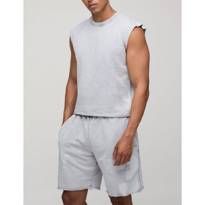 Ensemble de shorts en coton éponge de haute qualité pour hommes, sur mesure, 2 pièces, t-shirt sans manches et short de survêtement, style streetwear, idéal pour l'été - Product Image 1