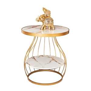 <b>Round</b> Gold Metal <b>Side</b> <b>Table</b> with White Marble Finish Elegant Two Tier Modern Furniture with Ornamental Elephant Sculpture - Product Image 1