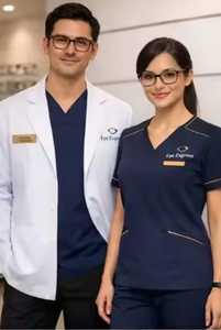 ชุดสครับผ้าทอสีกรมท่าสำหรับผู้หญิง Eye Express คอวี แขนสั้น พร้อมป้ายโลโก้และกระเป๋า - Product Image 1