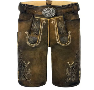 Shorts traditionnels bavarois en cuir véritable pour homme, broderie florale, coupe classique, marron - Product Image 1