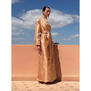 Traditional Winter Kimono-<b>kaftan</b> Peach Silk Brocade Subtle Textured Motif High Neckline Floor-Length Wrinkle-Free - Product Image 1