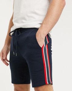 Pantalones cortos Bermuda azul marino para hombre con rayas laterales rojas y blancas, cintura con cordón, de punto casual de tiro medio - Product Image 3