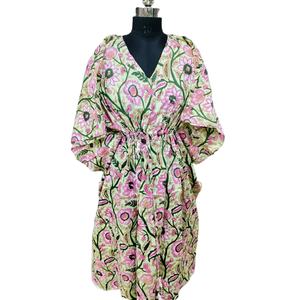 Caftán de Algodón para Mujer, Cuello en V, Manga Media, Holgado, Estampado Floral, Largo hasta el Suelo, Vestido Étnico Elegante e Informal, ODM Gratuito - Product Image 1