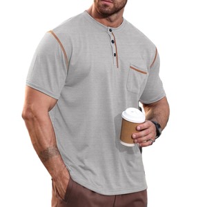 Camiseta Henley de manga corta para hombre, color gris jaspeado, con ribete en contraste y bolsillo en el pecho, estilo casual, corte regular, tejido de algodón. - Product Image 4
