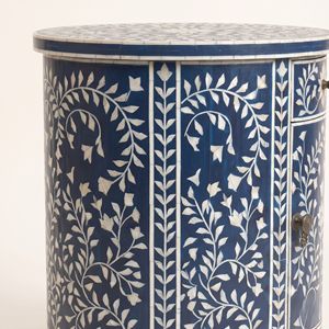 Table de chevet ronde bleu marine en nacre personnalisée avec 1 tiroir, incrustation florale, meuble artisanal, décoration de meubles - Product Image 5