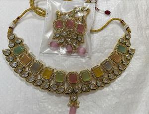 Handmade Jewellery Indo Western <b>Stone</b> Necklace Set Gold Plating Wholesalers India Multi <b>Coloured</b> Kundan Lightweight Wedding Wear - Product Image 2