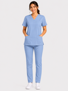 Women Sky Blue Medical <b>Scrub</b> Set V Neck Hospital Healthcare <b>Uniform</b> Nurse Workwear Top And Pan - Product Image 1