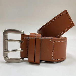 Ceinture décontractée en cuir beige clair pour homme avec coutures blanches et boucle en laiton à double broche ceintures et accessoires pour unisexe - Product Image 3