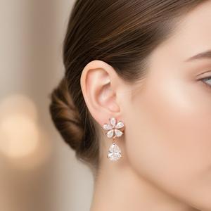 ต่างหูเพชรแล็บทรงหยดน้ำประดับดอกไม้ทองคำแท้ 10K 14K สำหรับเด็กหญิงและสตรี ต่างหูแบบห้อย ชุดต่างหูเจ้าสาว - Product Image 2