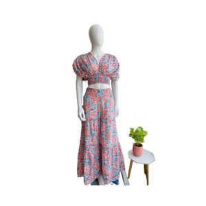 Ensemble coordonné deux pièces pour femmes en dentelle à imprimé floral, style bohème, haut court et jupe longue évasée, écologique, décontracté, vêtements de villégiature, été - Product Image 2