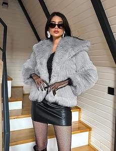 Manteau en fausse fourrure pour femme, veste en fausse fourrure moelleuse à manches longues, col à revers, manteau d'hiver en fourrure, parka courte shaggy - Product Image 5