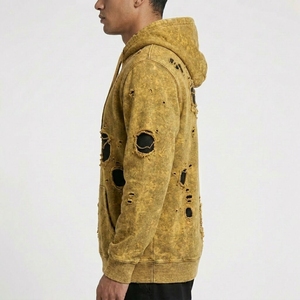 Vente en gros : Sweat à capuche épais délavé de qualité supérieure pour homme, avec logo personnalisé, style streetwear pour l'hiver, techniques de teinture unie, design haut de gamme - Product Image 2