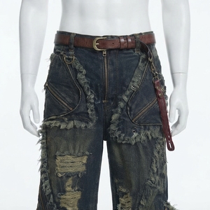 Pantalon cargo en jean déchiré taille haute pour homme, coupe ample, style streetwear patchwork délavé, collection automne - Product Image 6