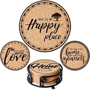 Eco Natural <b>Cork</b> Drink <b>Coaster</b> Set Custom Printed Absorbent Round Table <b>Coasters</b> Mat with Metal Holder for Home Decor <b>Coasters</b> - Product Image 1