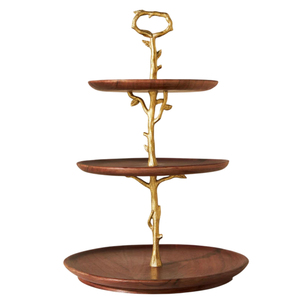 3-Tier Wooden Cake Stand With Antique Brass Leaf Motif Handcrafted Natural Wood <b>Dessert</b> Display Tower For Weddings Birthday - Product Image 3