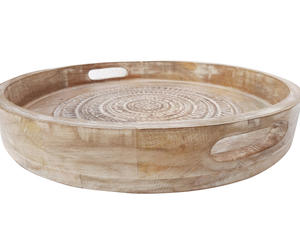 Hand Carved Mango Wood <b>Round</b> <b>Tray</b> White Wash Finish with Handles Hot Selling Decorative Serving <b>Tray</b> for Hotel & Restaurant Use - Product Image 6