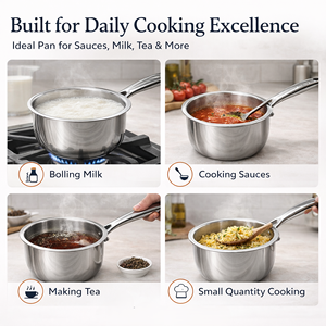 Premium Modern Tri-Ply Stainless Steel Sauce <b>Pan</b> with Lid Durable Portable Long Handle 1.5L Capacity for Sauces Milk & Soups - Product Image 2