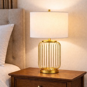 Modern Gold Metal Eco-Friendly KS International Table Lamp Fabric <b>Drum</b> Shade Bedside Desk Light <b>for</b> Bedroom Living Room - Product Image 1