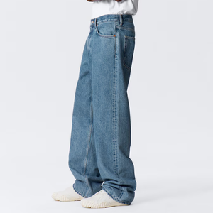 Jean baggy décontracté pour homme en denim délavé, taille haute, en coton mi-lourd, avec braguette boutonnée, bleu clair - Product Image 4