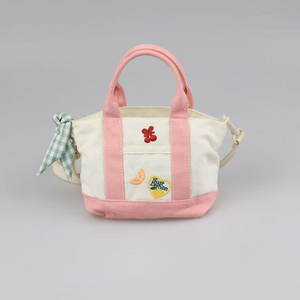 Bolso tote de lona de algodón rosa y blanco con bordado de frutas, mini bolso cruzado de algodón - Product Image 1