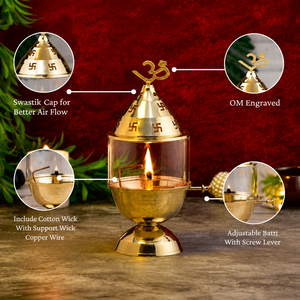 Diya de Latón Akhand Jyoti con Tapa Grabada con Om, Lámpara de Aceite Tradicional India, Diya Decorativa de Latón para Puja, Aarti, Templo y Decoración del Hogar - Product Image 6