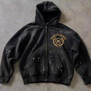 Sweat à capuche zippé vintage délavé à l'acide, effet peinture éclaboussée, en molleton épais, épaules tombantes, pour hommes, personnalisé par le fabricant - Product Image 5