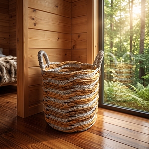 Panier de rangement en fibres naturelles, panier tressé artisanal, corbeille à linge, organisateur tressé bicolore artisanal balinais, décoration bohème pour la maison - Product Image 4