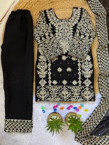 Black Embroidered <b>Indian</b> Pakistani Set for Women <b>Top</b> Bottom Dupatta Sequin Dress Wear Party Wedding - Product Image 6