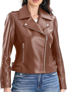 Veste moto en cuir PU marron tricoté, écologique, manches longues, col montant, fermeture éclair, coupe classique, style automne/hiver - Product Image 5