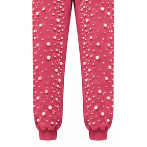 Pantalon de jogging rose perlé pour femme, luxueux, orné de perles, avec cordon de serrage, style streetwear décontracté, en molleton avec poches - Product Image 5