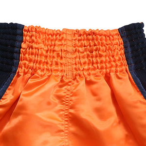 Shorts de combat Muay Thai orange avec empiècements latéraux bleu marine, respirants, séchage rapide, polyester, équipement de combat toutes saisons - Product Image 6