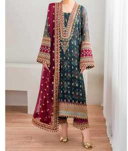 Robe de mariée traditionnelle en soie Salwar Kameez pour femmes, longueur au sol, coupe ample élégante, style Inde Pakistan - Product Image 3