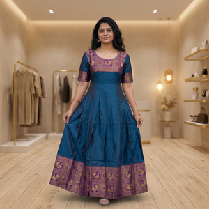 <b>Teal</b> Silk Floor-Length Anarkali <b>Suit</b> With Purple Border Traditional Indian Wear For <b>Women</b> Loose Fit All Seasons - Product Image 1
