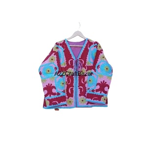 A2ZCraftBazar New Suzani Knitted Women's Slim-Fit V-neck Floral Bomber Jacket Regular Length Ruffles Hand Embroidered - Product Image 1