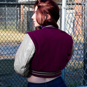 Womens <b>Varsity</b> Crop <b>Jacket</b> <b>Purple</b> Grey Letterman Style Bomber Coat Faux Leather Sleeves - Product Image 6