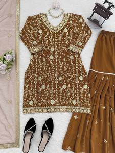 Sharara pour femme, artisanal, moderne, ethnique, en faux georgette lourde et pailletée, fluide, pour Diwali, mariage, fête, été, hiver, toutes saisons - Product Image 5