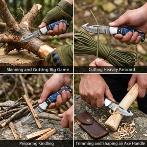 Cuchillo de Bolsillo Plegable EDC de Acero de Damasco Forjado a Mano con Gancho para Desollar, Mango de Madera, para Caza y Supervivencia al Aire Libre, Regalo para Hombres - Product Image 5