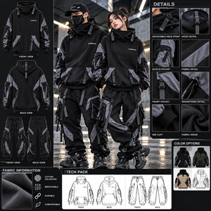เสื้อฮู้ดดี้ทรงโอเวอร์ไซส์ คอสูง ดีไซน์ทันสมัย สไตล์เทคแวร์ สายปรับได้ แต่งแขนเสื้อแบบเลเยอร์  พร้อมลายปัก กันน้ำ - Product Image 3