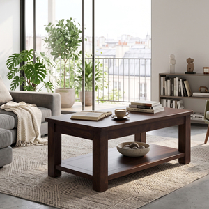Table basse rectangulaire en chêne massif brun pour salon avec étagère inférieure, mobilier moderne MT Furniture, garantie 3 ans - Product Image 2
