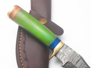 Drop Point Hunting Knife Damascus Steel Blade Green Handle With Brass Accents Outdoor Survival <b>Tool</b> - Product Image 3
