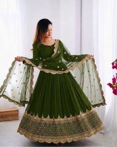 Costume Anarkali traditionnel pour femmes, vert, avec broderies dorées, dupatta, coupe ample, longueur au sol, style indien pakistanais - Product Image 6