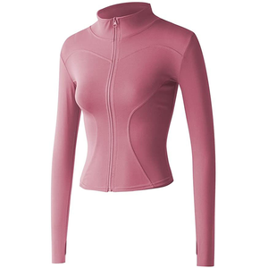 Veste de yoga unie à manches longues avec fermeture éclair, col montant et surpiqûres contrastées, respirante, en Spandex et Polyester, pour femme - Product Image 3