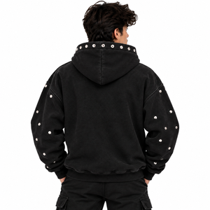 Custom Streetwear Vintage Acid Wash Pockets Boxy Fit Rhinestone Men <b>Black</b> Heavyweight Pullover Winter <b>Hoodies</b> OEM Supplier USA - Product Image 2
