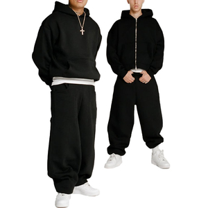 Men's <b>Black</b> Hooded Tracksuit Set Full Length Loose Fit Solid Color Cotton Sweatshirt and <b>Pants</b> Casual Autumn Wear - Product Image 1