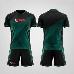 Ensemble maillot et short de football unisexe Fly Humble noir et rouge rayé, col rond, manches courtes, anti-humidité, avec nom du joueur sur le devant - Product Image 2
